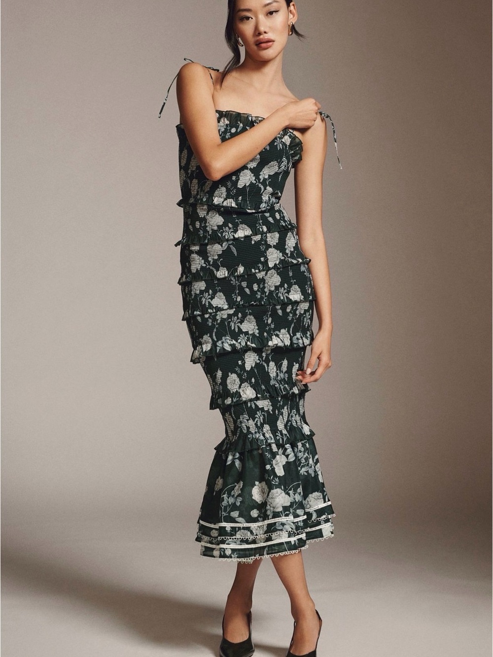 V. Chapman Geranium Ruched & Ruffled
Flounce-Hem Stretch Midi Dress